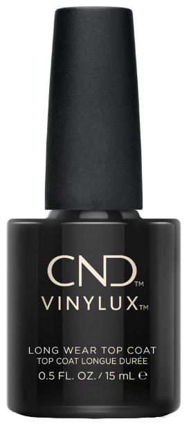 Zwarte nagellakfles met zwarte dop, gemarkeerd 'CND Vinylux Long Wear Top Coat', 0,5 fl oz/15 mL.