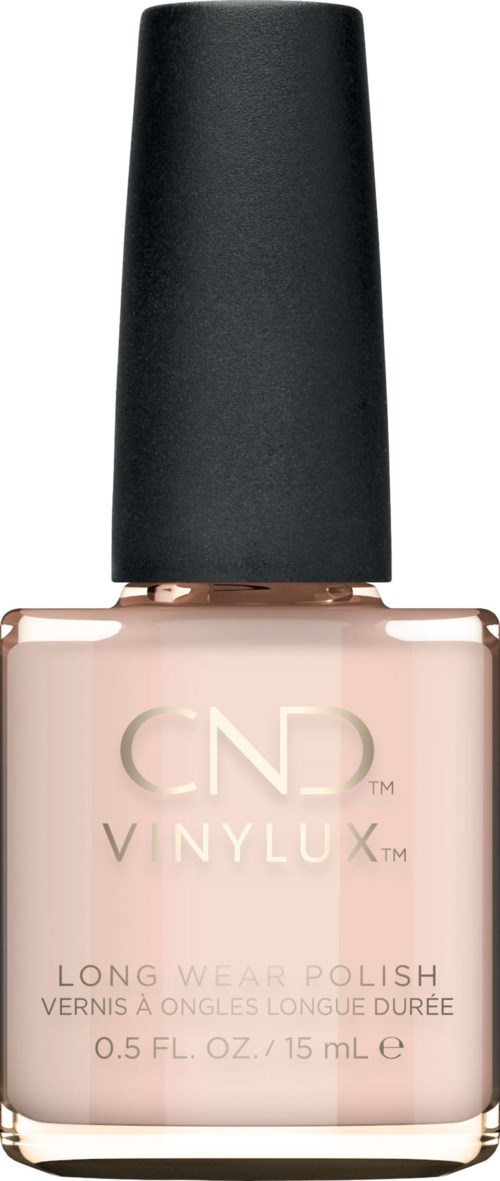 Eine Nagellackflasche mit schwarzem Deckel und hellrosa Farbe, markiert CND VINYLUX, für lang anhaltenden Gebrauch.