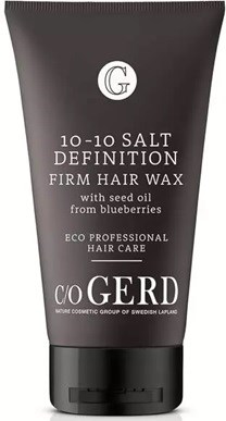A black tube labeled '10-10 Salt Definition Firm Hair Wax' with ingredients and brand information for hair styling.