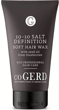 A black tube of hair wax labeled '10-10 Salt Definition Soft Hair Wax' with blueberry seed oil, eco-friendly, and Swedish Lapas.