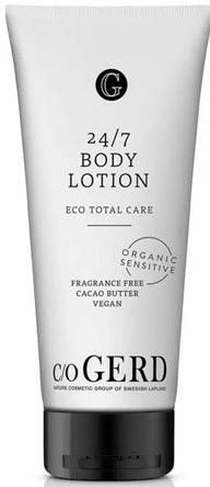 A white tube of body lotion with black cap, labeled 24/7 Body Lotion, organic, sensitive, fragrance-free, vegan.