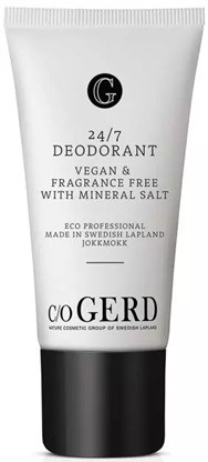 A white and black tube of vegan deodorant with mineral salt, made in Sweden, for daily use.