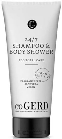 A white tube labeled Gerd shampoo and body shower with black cap. It says eco, organic, fragrance free, vegan.
