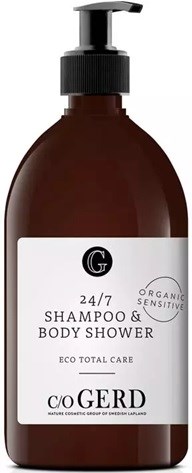 Dark brown bottle with a pump, white label shows it’s shampoo and body wash, organic and sensitive, eco-friendly.