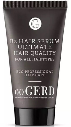 Black tube with white text: B2 Hair Serum for all hair types, eco-friendly, by Gerd from Swedish Lapland.