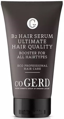 A black tube of hair serum labeled 'Gerd B2 Hair Serum Ultimate Hair Quality' for all hair types, eco-friendly.