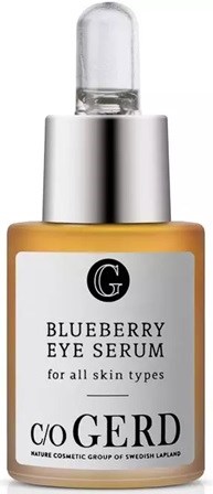 A yellowish bottle with a silver cap, labeled 'Blueberry Eye Serum' from C/O RED, designed for all skin types.