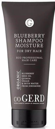 Black tube of blueberry shampoo for dry hair, with eco-friendly and organic ingredients, made by c/o GERD.