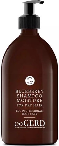 A brown bottle with a black pump labeled 'Blueberry Shampoo Moisture for Dry Hair' by Coger, for hair care.