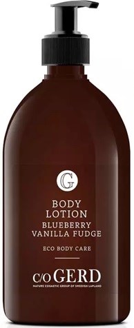 A brown body lotion bottle with a black pump top, labeled 'Blueberry Vanilla Fudge' by c/o GERD.