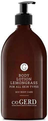 A brown bottle with a black pump, labeled as body lotion with lemongrass for all skin types.