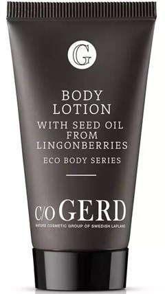 A black tube of body lotion with white text, mentions seed oil from lingonberries, eco body series, and CO GERD.
