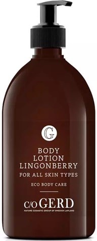 A brown bottle with a black pump labeled 'Body Lotion Lingonberry' for skin care, eco-friendly packaging.