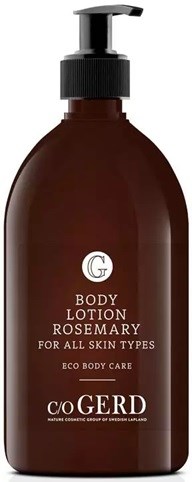 A brown bottle with a black pump, labeled 'Body Lotion Rosemary for all skin types, Eco Body Care.'