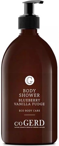 Brown body wash bottle with a pump, labeled as blueberry vanilla fudge scent from Eco Body Care, CoGerd.