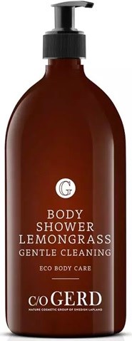 A brown bottle with a pump dispenser, labeled 'Body Shower Lemongrass Gentle Cleaning', for eco-friendly body care.