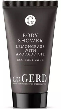 Black tube with white text for lemon grass and avocado body shower. It is eco-friendly and from CO GERD.