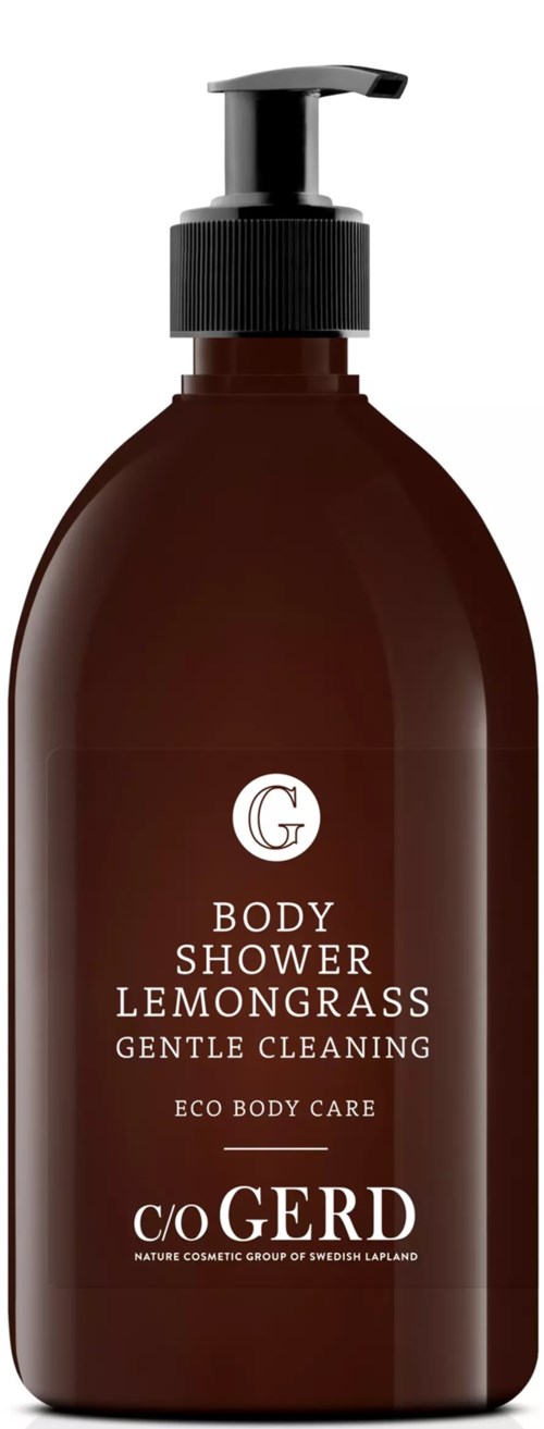 Brown body wash bottle with black pump labeled 'Body Shower Lemongrass'. Gentle and eco-friendly.