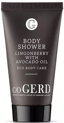 Black tube with white text. It is for body shower with lingonberry and avocado oil. Eco-friendly product.