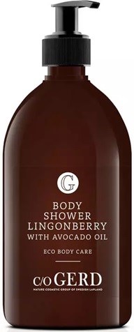 Brown body wash bottle with a pump, labeled 'Body Shower Lingonberry with Avocado Oil.'