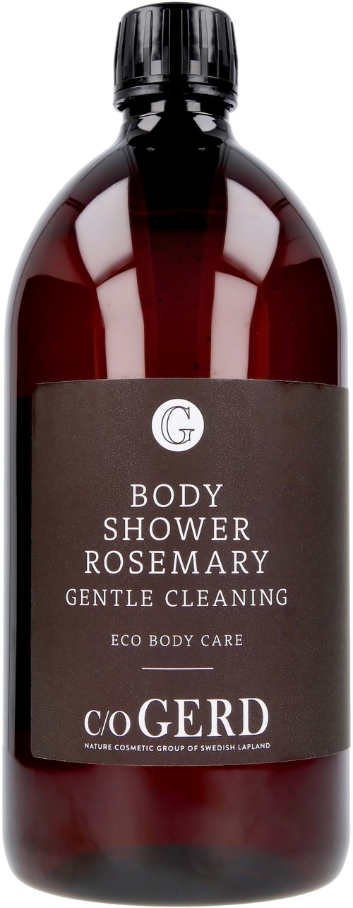 A dark bottle with a black cap, labeled 'Body Shower Rosemary, Gentle Cleaning, Eco Body Care, c/o GERD.'