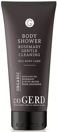 A black tube labeled 'G' with white text, promoting rosemary and avocado body shower for gentle cleaning.