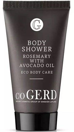Black tube with white text, labeled as body shower with rosemary, avocado oil, and eco care from CO GERD.