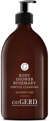 A brown body wash bottle with a black pump, labeled 'Body Shower Rosemary'.