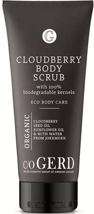 Black tube with white text, promoting organic body care with cloudberry, seed oil, sunflower oil, and water from Jokkmokk.