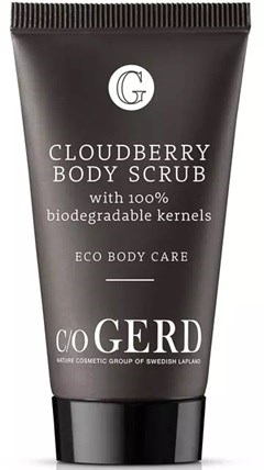 A black tube labeled 'Cloudberry Body Scrub' with white text and a small logo on top.