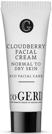 A white tube of Cloudberry facial cream for normal to dry skin with a black cap and black and grey text.