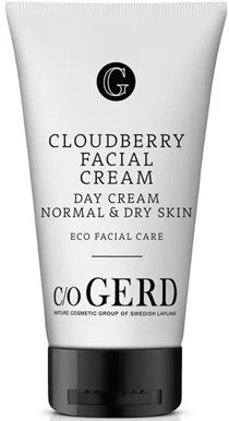 A white tube of Cloudberry facial cream for normal and dry skin by c/o GERD. Black cap. Simple design.