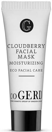 A white tube of Cloudberry facial mask with black and white text, indicating it is moisturizing and eco-friendly.
