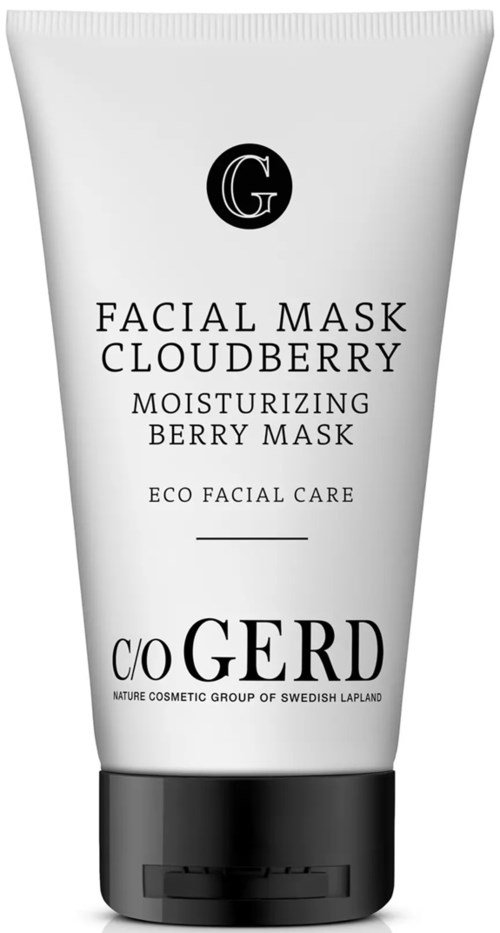 A white tube labeled 'Facial Mask Cloudberry' with black cap, promoting moisturizing berry mask for eco facial care.