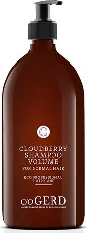Ruskea shampoo-pullo pumppupäätteellä, merkinnällä 'Cloudberry Shampoo Volume' normaalille hiuksille ja 'Eco Professional Hair Care'.