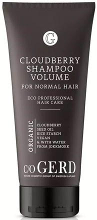 A tube of Cloudberry shampoo for normal hair, eco-friendly, organic, with natural ingredients like seed oil and rice starch.