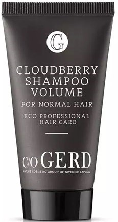 A black tube of Cloudberry Shampoo Volume for normal hair, with white text and a simple logo at the top.