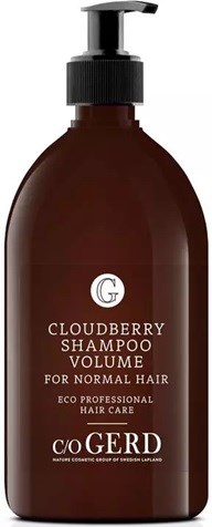 Brown shampoo bottle with a pump, labeled 'Cloudberry Shampoo Volume for Normal Hair'.
