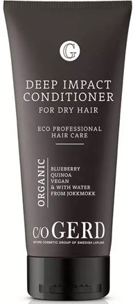 Gray tube of deep impact conditioner with white and purple text. It says 'organic,' 'blueberry,' and 'quinoa' for dry hair.