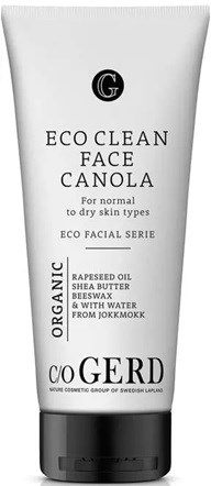 A white tube of face cleanser labeled 'Eco Clean Face Canola' with ingredients like shea butter and beeswax.