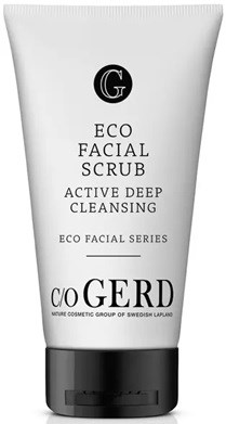 A white tube with black cap, labeled 'ECO FACIAL SCRUB' for deep cleaning, from the C/O GERD eco series.