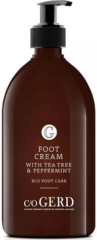 Brown bottle with a pump, labeled for foot cream with tea tree and peppermint, Eco foot care by CoGerd.