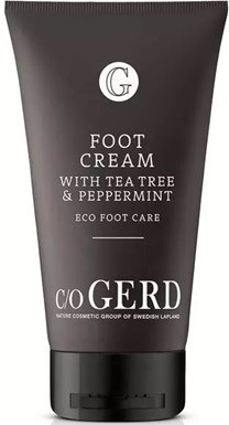 A black tube with white text, labeled Foot Cream with Tea Tree and Peppermint for foot care.