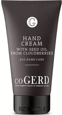 Black tube of hand cream with white text, mentions seed oil from cloudberries, eco hand care, and Gerd brand.