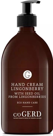 Brown bottle of hand cream with pump, labeled 'LINGONBERRY' and 'WITH SEED OIL FROM LINGONBERRIES'.