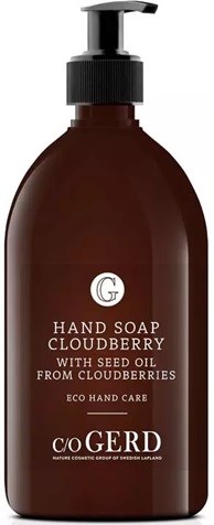 A brown bottle of hand soap with a pump. The label says Cloudberry scent with seed oil. Eco-friendly hand care.