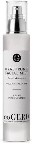 A white bottle labeled GERD with a silver cap. It is a hyaluronic facial mist for all skin types with cucumber.