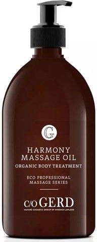The bottle has a black pump and brown container, labeled for massage oil for body relaxation, from C/O Gerd.