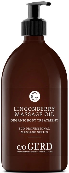 Brown bottle with a pump label for organic body massage oil, part of Eco Professional Massage Series, C/o Gerd.