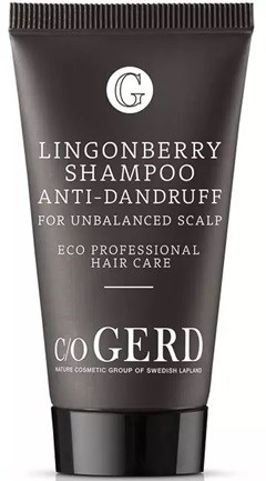 Black tube of Lingonberry shampoo for anti-dandruff and unbalanced scalp, eco-friendly hair care by co GERD.